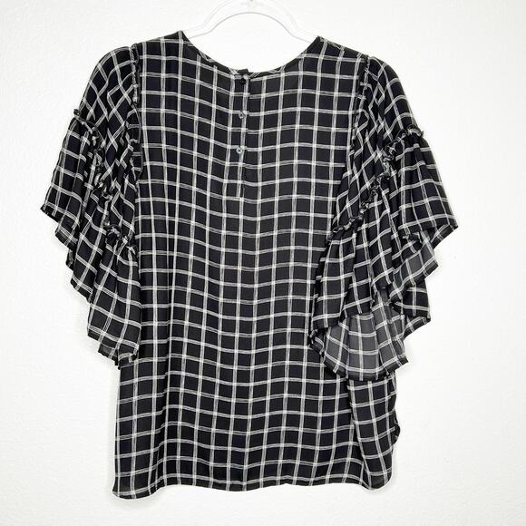 LOFT Ruffle Sleeve Blouse Button Back Windowpane Plaid Black White Size Medium - Picture 4 of 9